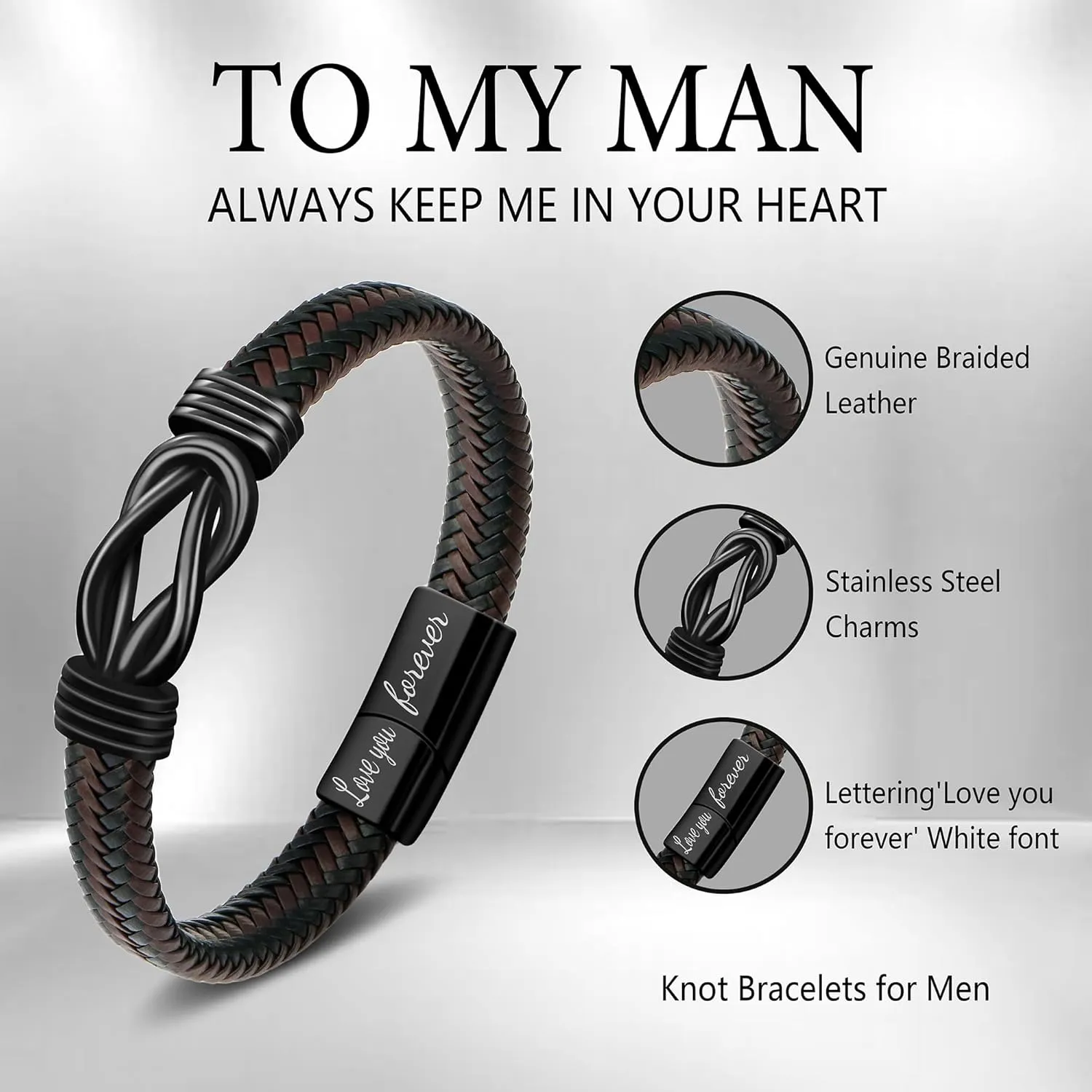 ???????? ???????????????? ?????????? ?????? ?????? Brown Braided Leather Stainless Steel Infinity Bracelets Lettering Love You Forever Gifts for Son Grandson Husband Boyfriend Brother Always Linked Together