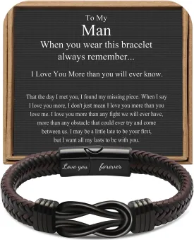 ???????? ???????????????? ?????????? ?????? ?????? Brown Braided Leather Stainless Steel Infinity Bracelets Lettering Love You Forever Gifts for Son Grandson Husband Boyfriend Brother Always Linked Together