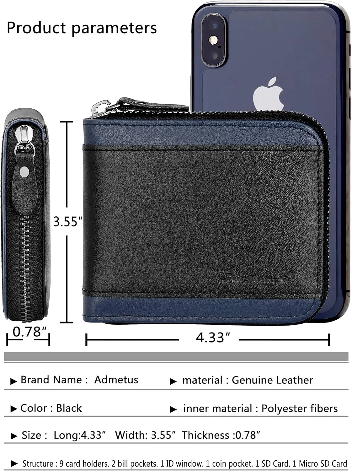 Admetus Mens RFID Blocking Wallets Zipper Leather Wallet for Men Bifold RFID Card Holder