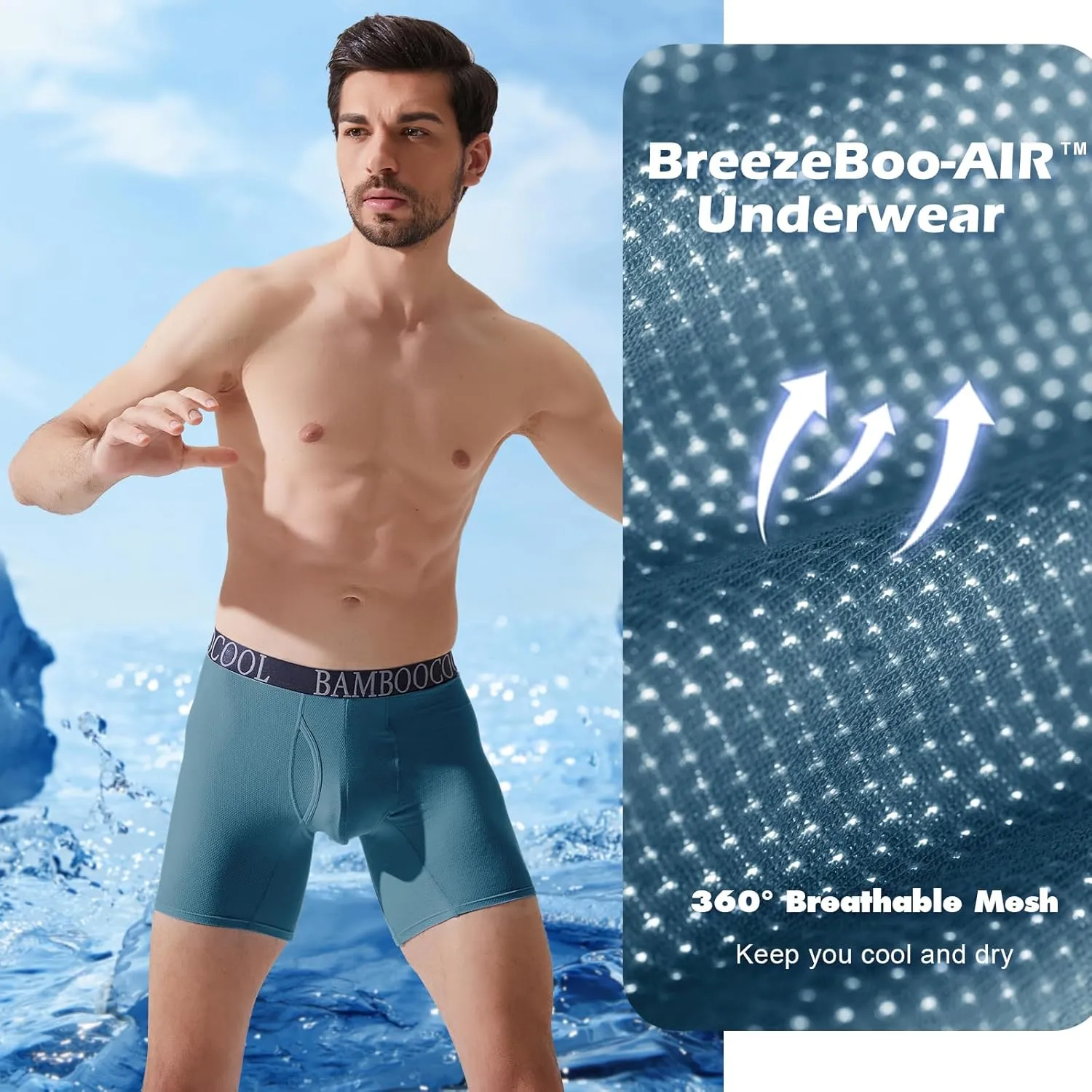 BAMBOO COOL Men's 360?? Breathable Mesh Underwear Moisture-Wicking Boxer Briefs Cooling Performance,Multipack
