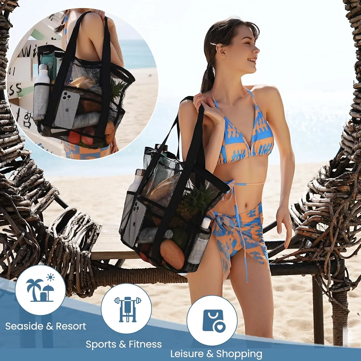 Beach Bag - Mesh Beach Bag Large 8 Pockets, Beach Tote Bag Beach Essentials for Vacation Must Haves