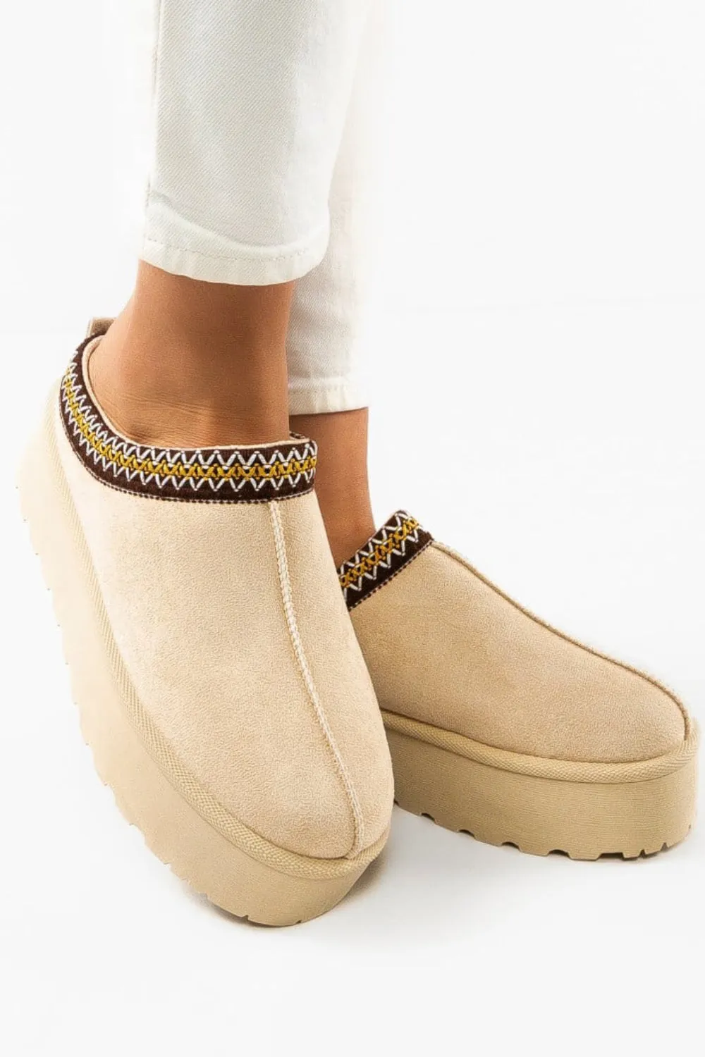 BEIGE EMBROIDED FLUFFY PLATFORM SLIPPERS AZTEC DETAIL FAUX FUR LINED ANKLE BOOTS