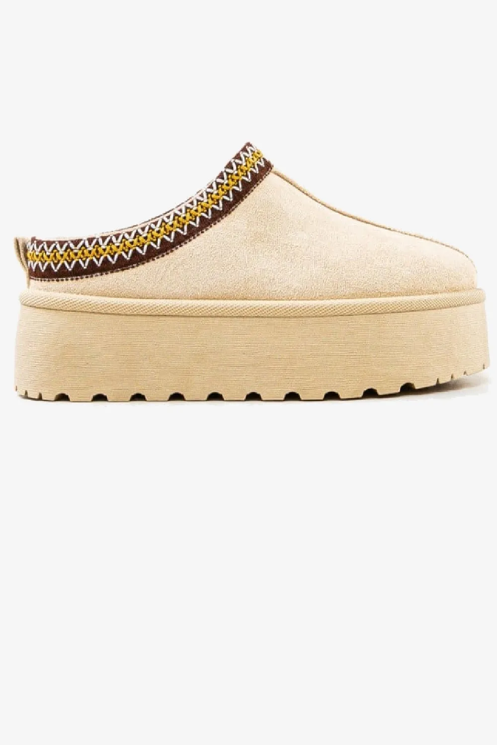 BEIGE EMBROIDED FLUFFY PLATFORM SLIPPERS AZTEC DETAIL FAUX FUR LINED ANKLE BOOTS
