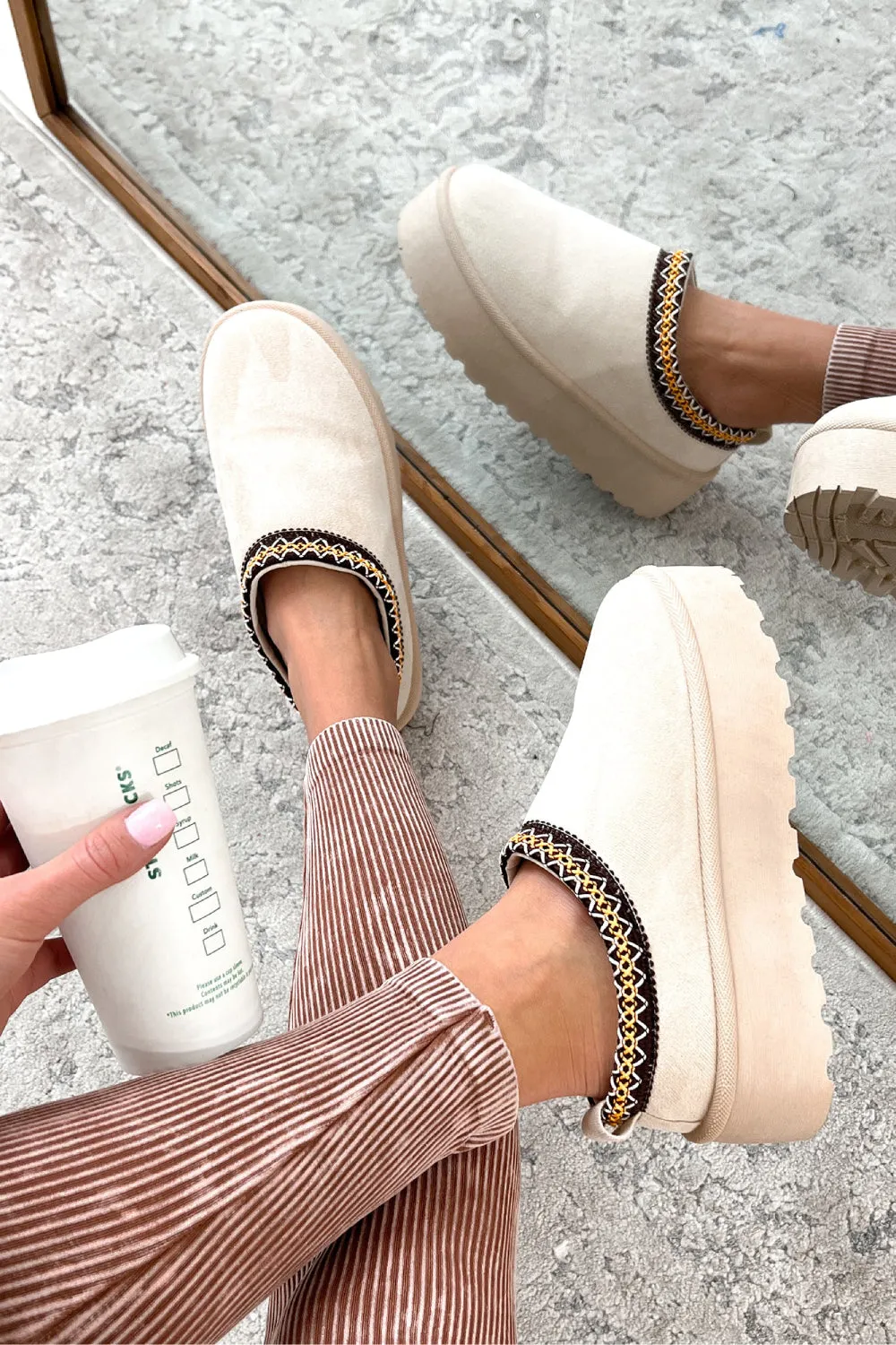BEIGE EMBROIDED FLUFFY PLATFORM SLIPPERS AZTEC DETAIL FAUX FUR LINED ANKLE BOOTS