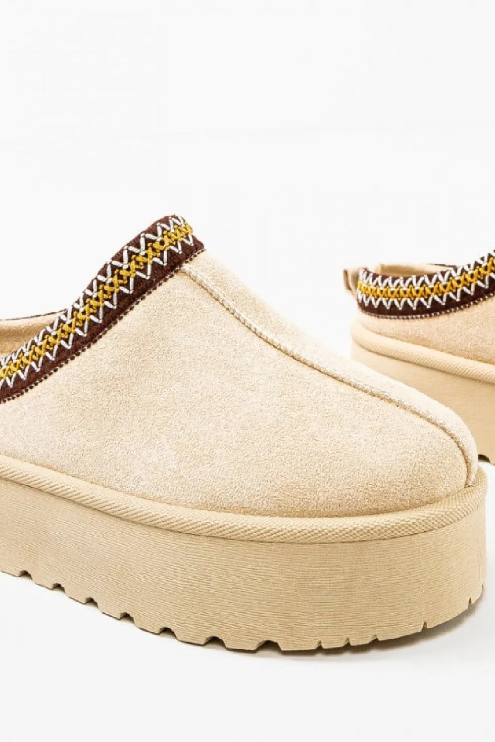 BEIGE EMBROIDED FLUFFY PLATFORM SLIPPERS AZTEC DETAIL FAUX FUR LINED ANKLE BOOTS