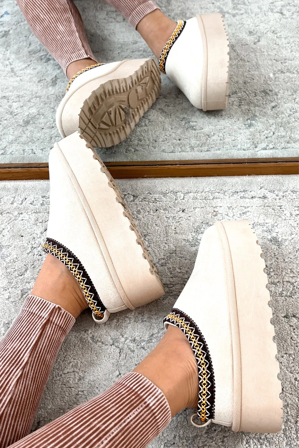 BEIGE EMBROIDED FLUFFY PLATFORM SLIPPERS AZTEC DETAIL FAUX FUR LINED ANKLE BOOTS