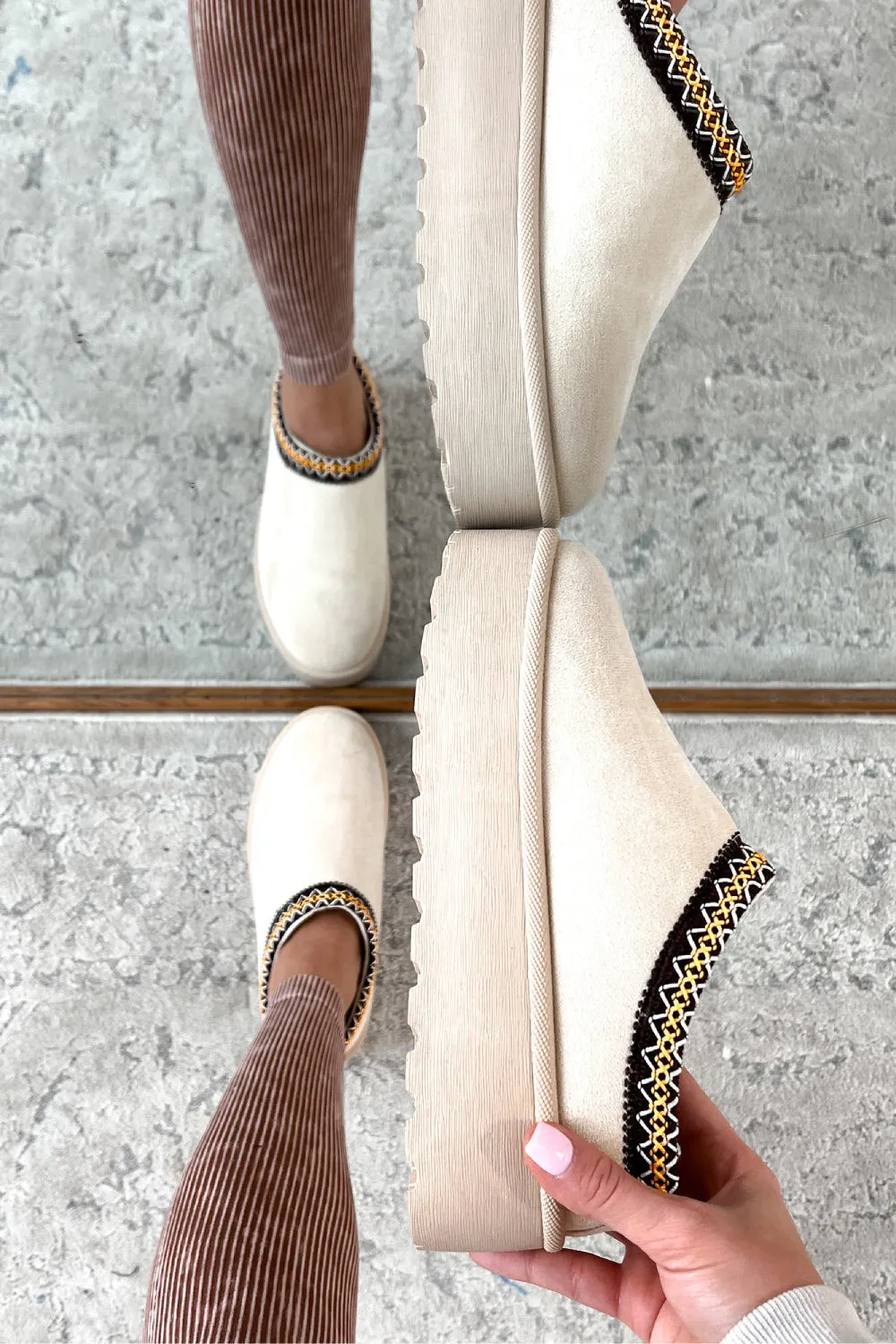 BEIGE EMBROIDED FLUFFY PLATFORM SLIPPERS AZTEC DETAIL FAUX FUR LINED ANKLE BOOTS