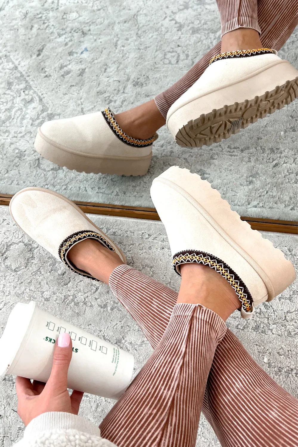 BEIGE EMBROIDED FLUFFY PLATFORM SLIPPERS AZTEC DETAIL FAUX FUR LINED ANKLE BOOTS