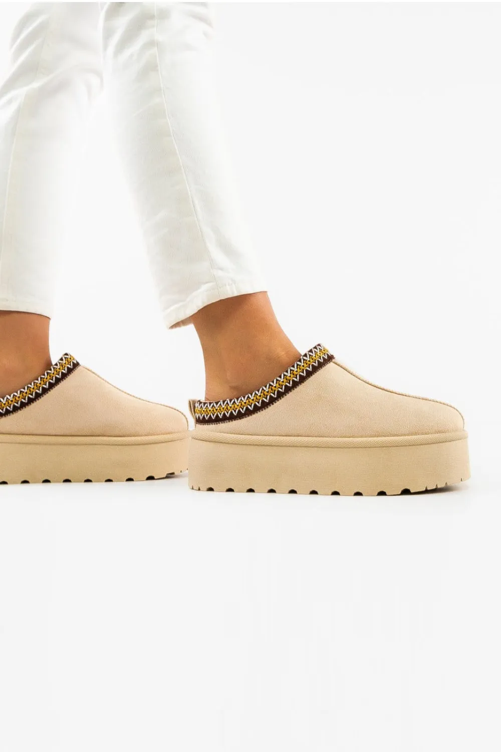 BEIGE EMBROIDED FLUFFY PLATFORM SLIPPERS AZTEC DETAIL FAUX FUR LINED ANKLE BOOTS
