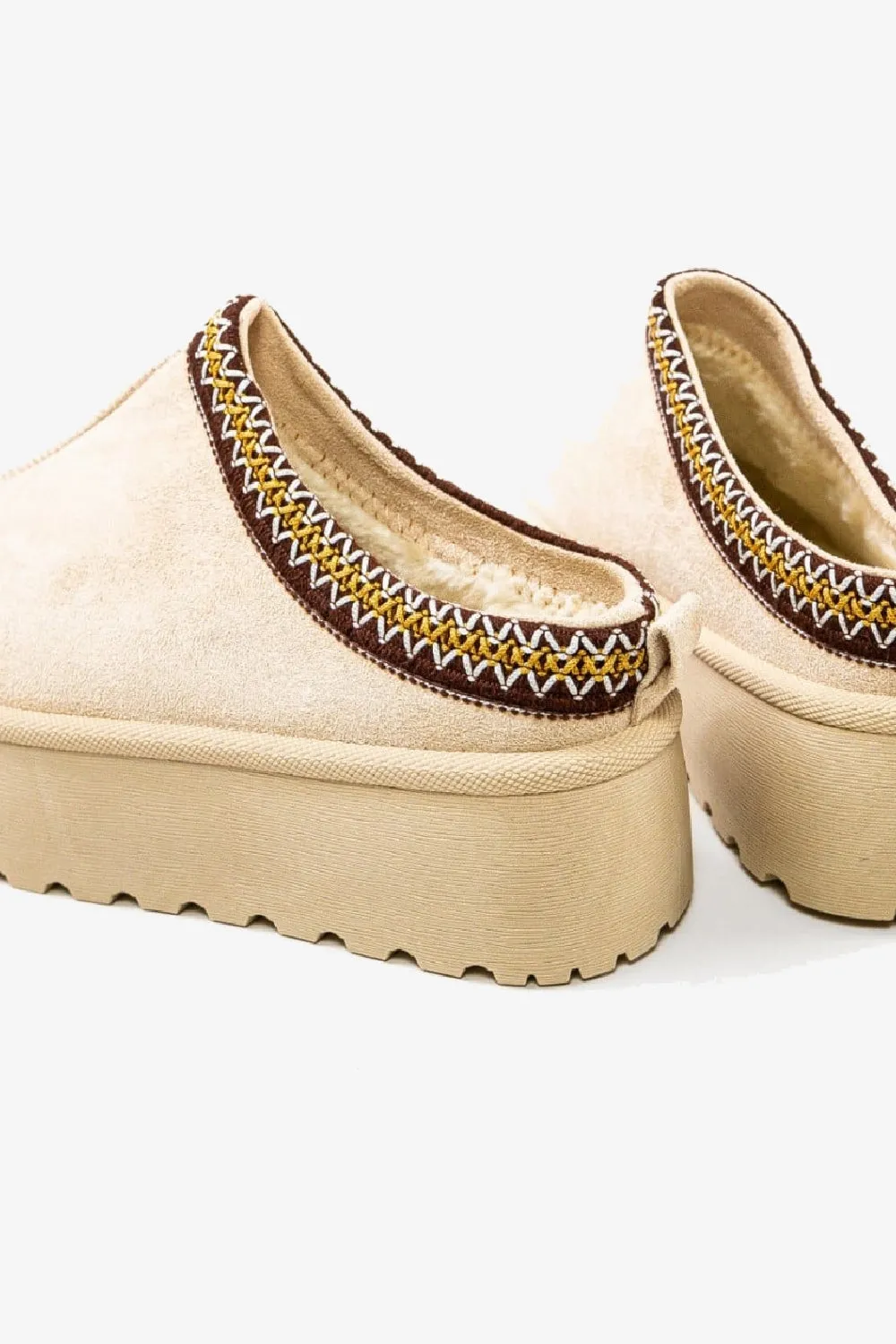 BEIGE EMBROIDED FLUFFY PLATFORM SLIPPERS AZTEC DETAIL FAUX FUR LINED ANKLE BOOTS