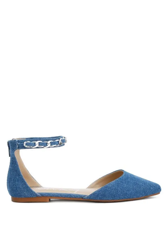 Buqisi Denim Blue Chain Embellished Flat Sandals