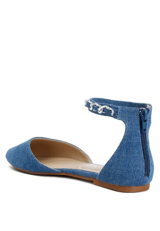 Buqisi Denim Blue Chain Embellished Flat Sandals