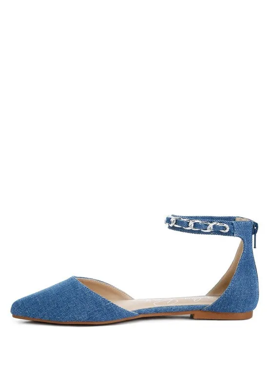 Buqisi Denim Blue Chain Embellished Flat Sandals