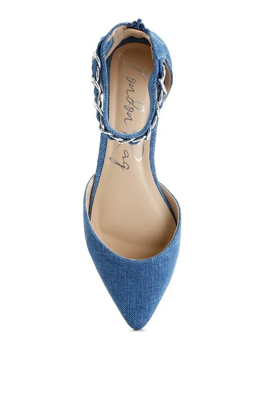 Buqisi Denim Blue Chain Embellished Flat Sandals