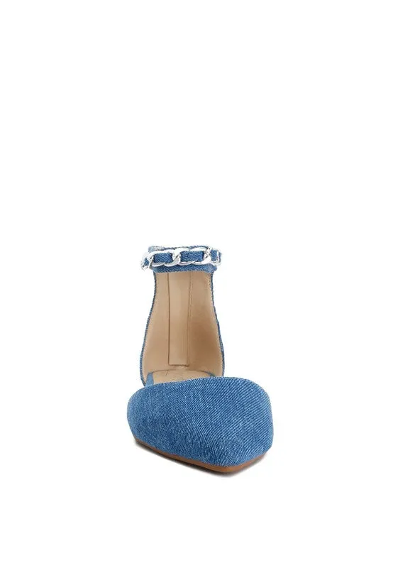 Buqisi Denim Blue Chain Embellished Flat Sandals