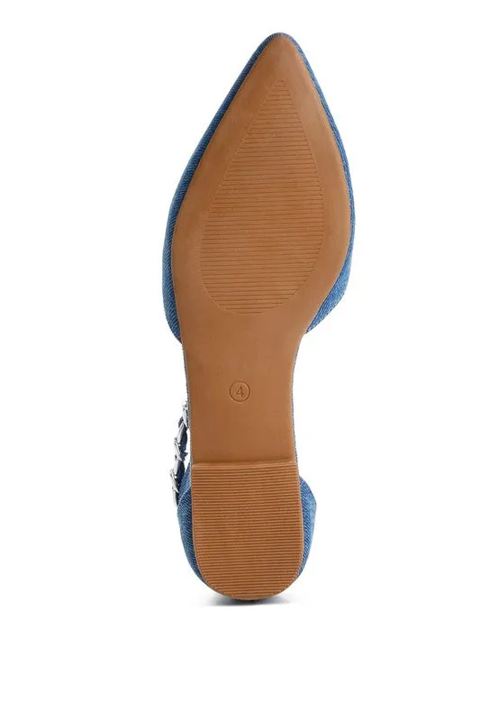 Buqisi Denim Blue Chain Embellished Flat Sandals