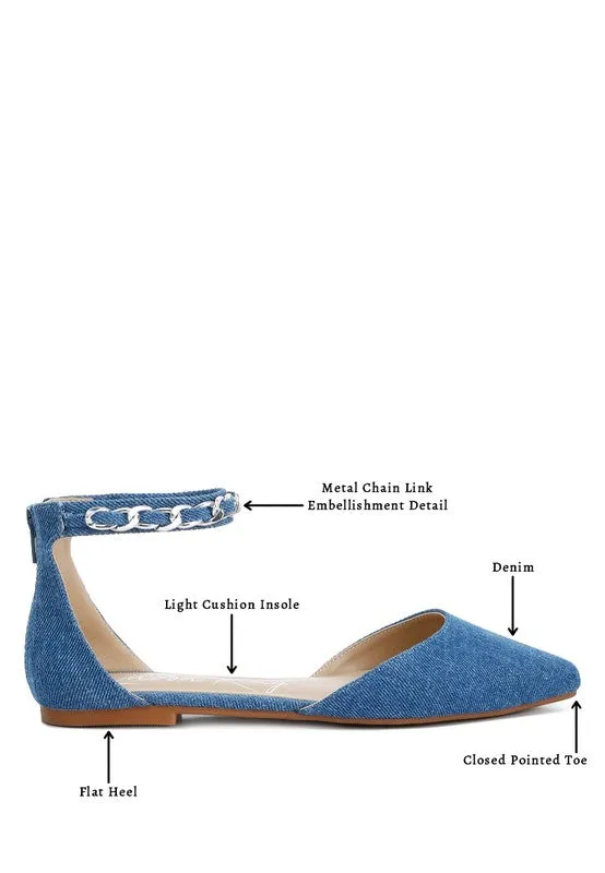 Buqisi Denim Blue Chain Embellished Flat Sandals