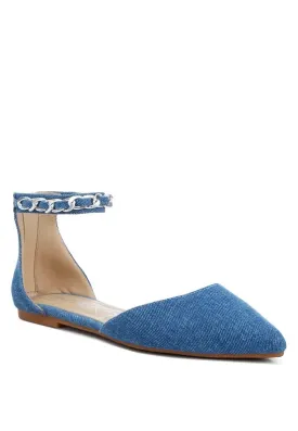 Buqisi Denim Blue Chain Embellished Flat Sandals