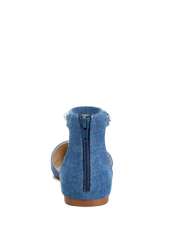 Buqisi Denim Blue Chain Embellished Flat Sandals