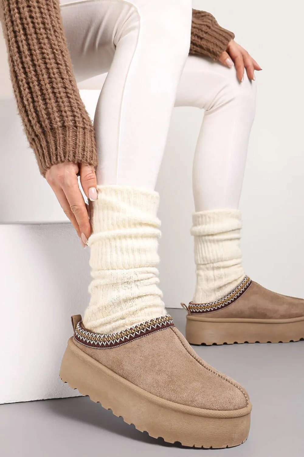 CAMEL EMBROIDED FLUFFY PLATFORM SLIPPERS AZTEC DETAIL FAUX FUR LINED ANKLE BOOTS