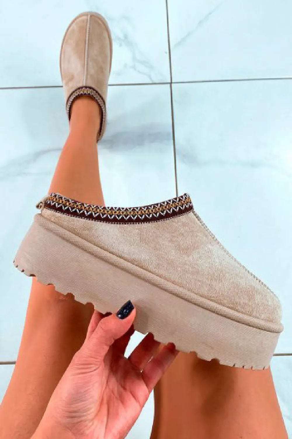 CAMEL EMBROIDED FLUFFY PLATFORM SLIPPERS AZTEC DETAIL FAUX FUR LINED ANKLE BOOTS