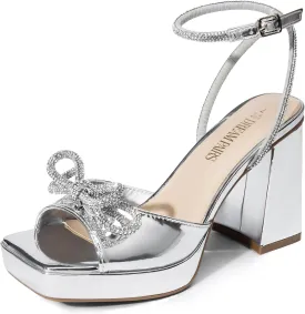 DREAM PAIRS Women's Double Bowknots Platform Chunky Heels Rhinestone High Square Toe Dress Sandals for Wedding Bridal Party