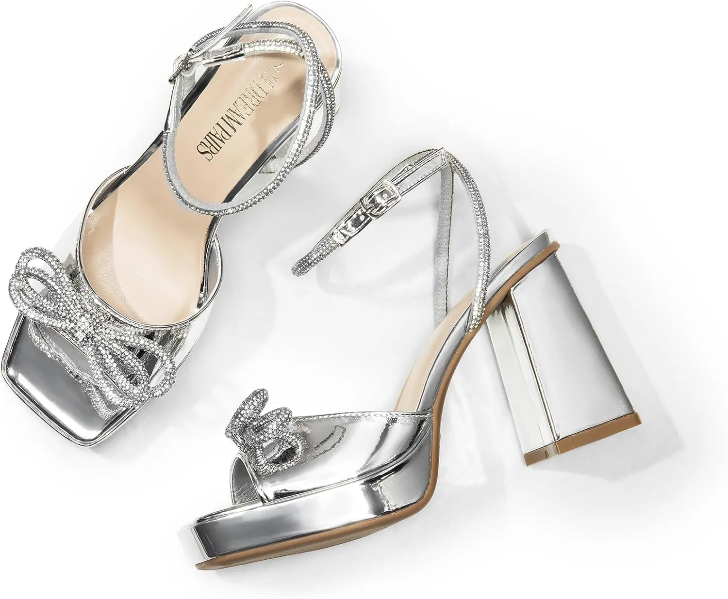 DREAM PAIRS Women's Double Bowknots Platform Chunky Heels Rhinestone High Square Toe Dress Sandals for Wedding Bridal Party