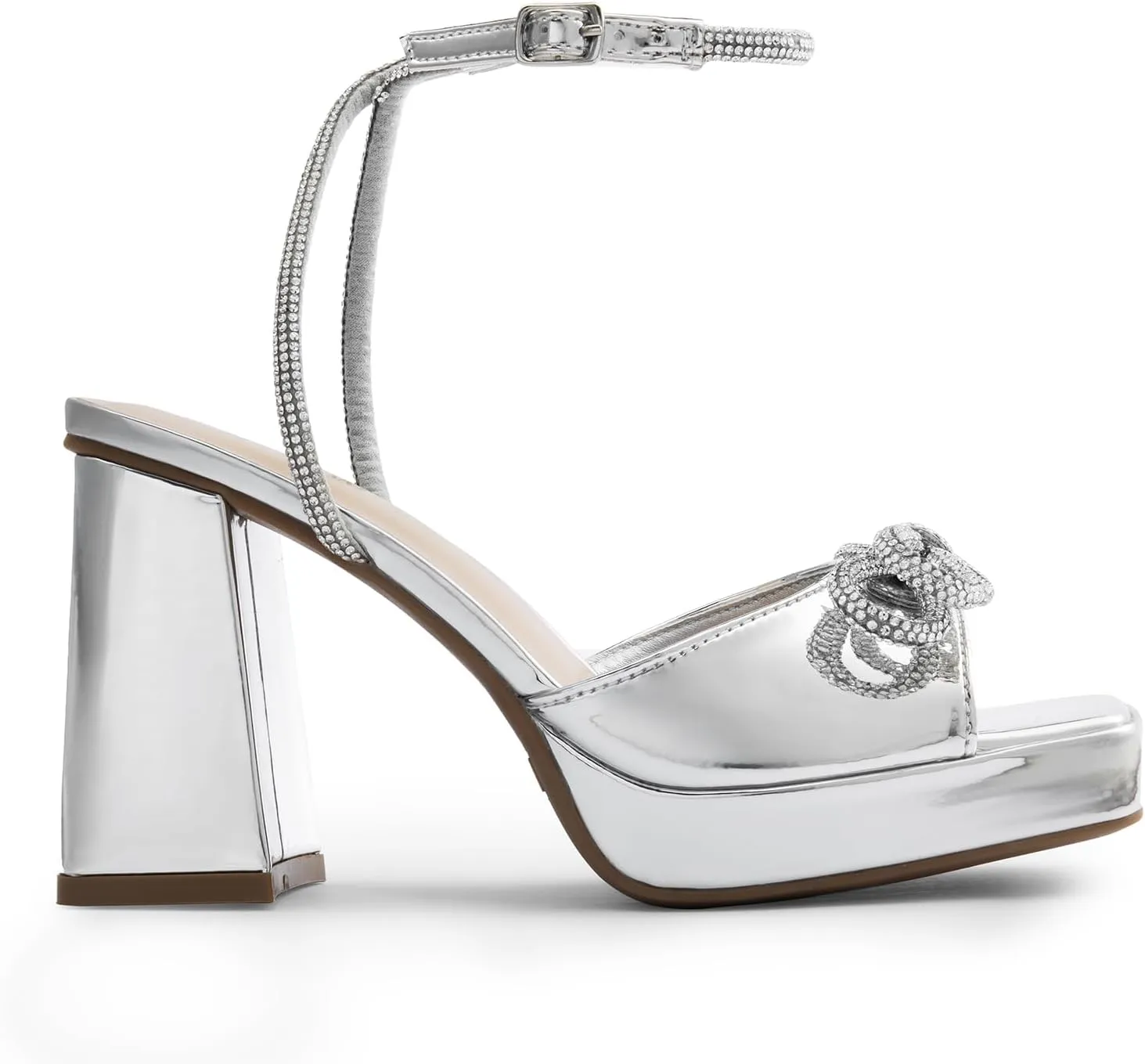 DREAM PAIRS Women's Double Bowknots Platform Chunky Heels Rhinestone High Square Toe Dress Sandals for Wedding Bridal Party