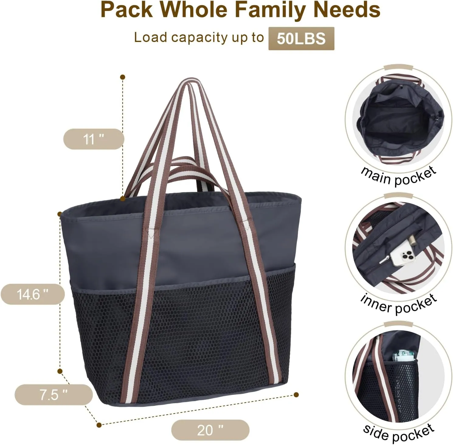 F-color Waterproof Beach Bags for Women - Machine Washable Travel Tote Bag with Zipper Cruise Swim Vacation Essentials