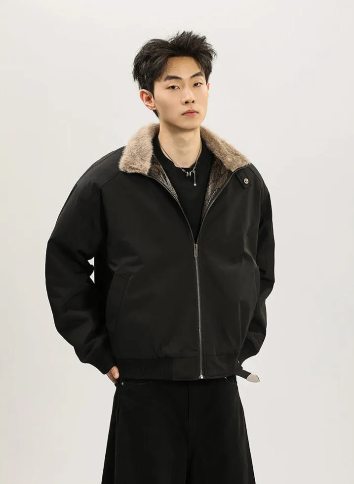 Faux Fur Lined Bomber Jacket with Snakeskin Detail