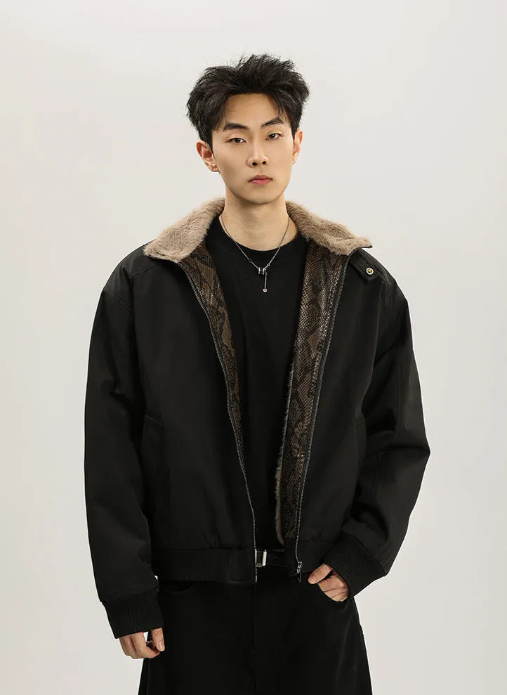 Faux Fur Lined Bomber Jacket with Snakeskin Detail