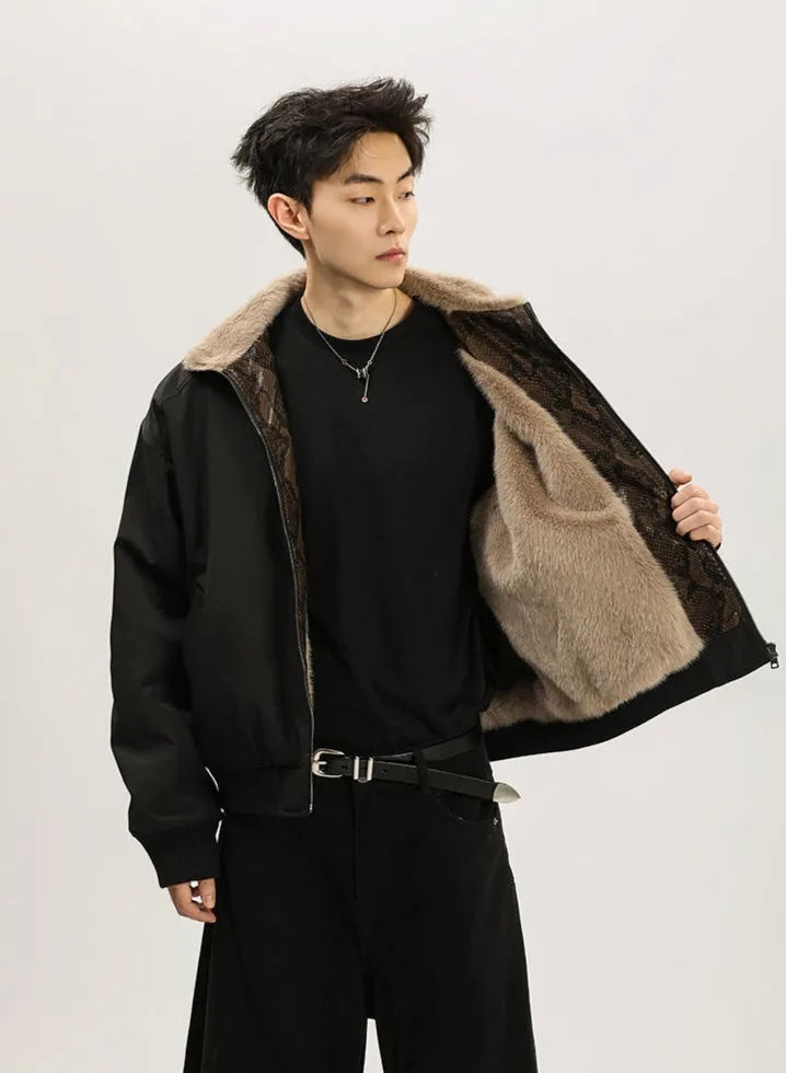 Faux Fur Lined Bomber Jacket with Snakeskin Detail