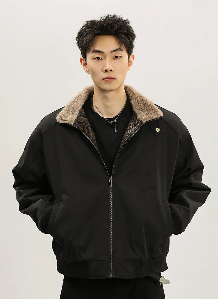 Faux Fur Lined Bomber Jacket with Snakeskin Detail