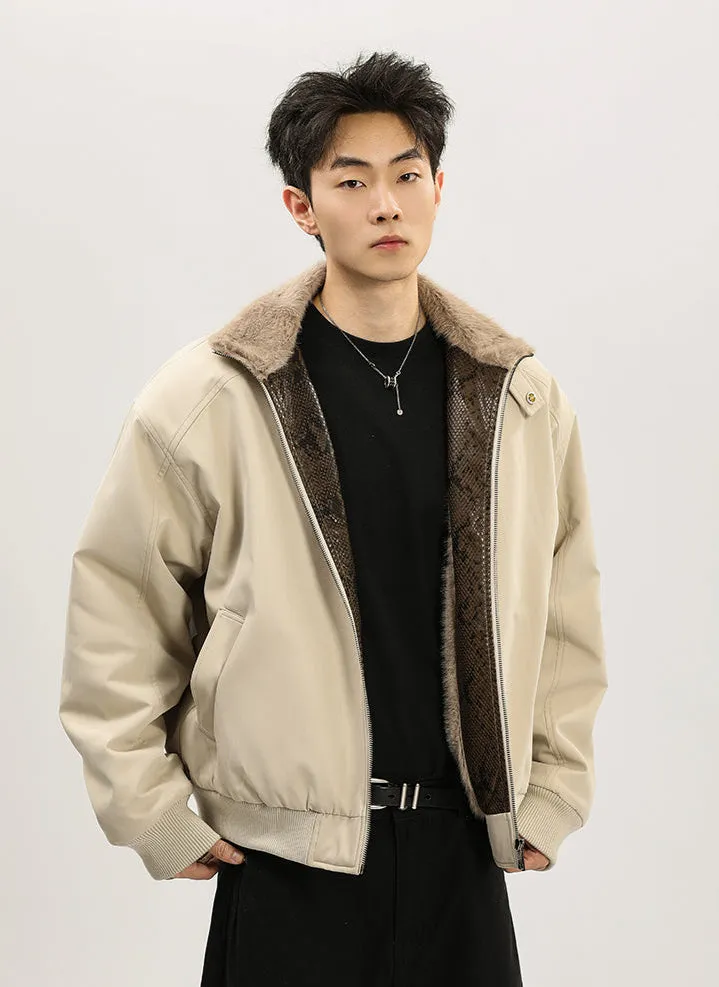 Faux Fur Lined Bomber Jacket with Snakeskin Detail