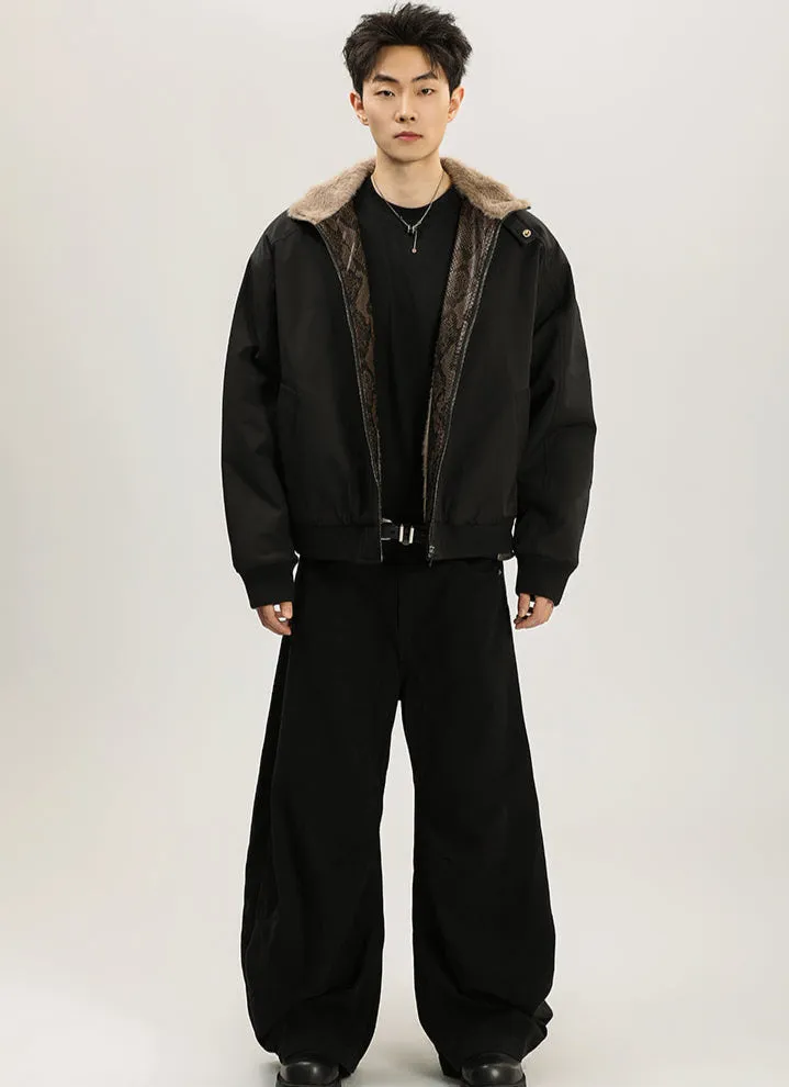 Faux Fur Lined Bomber Jacket with Snakeskin Detail