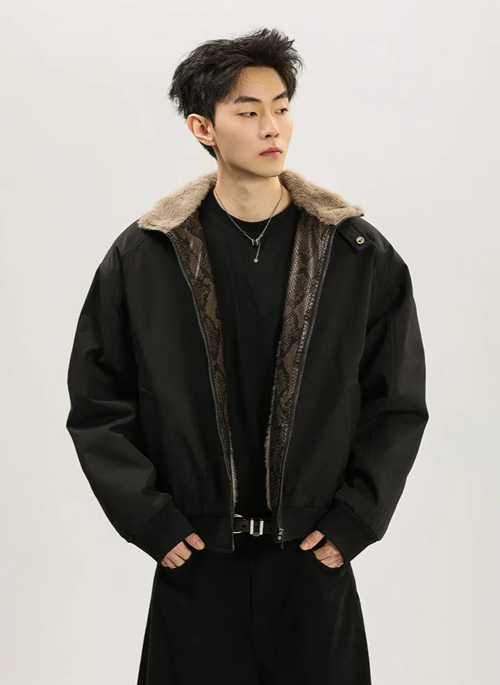Faux Fur Lined Bomber Jacket with Snakeskin Detail