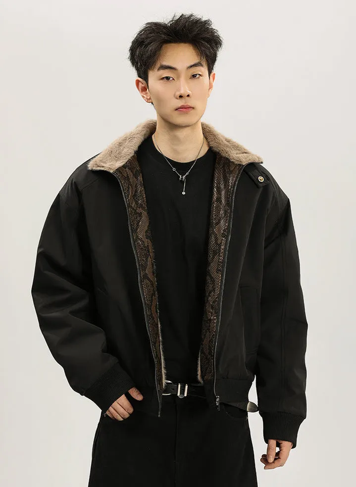 Faux Fur Lined Bomber Jacket with Snakeskin Detail