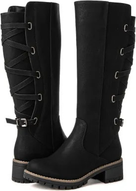 GLOBALWIN Women's Strappy Motorcycle Knee High Boots Riding Boots Back Lace Up Fall Winter Fashion Knee High Boots For Women