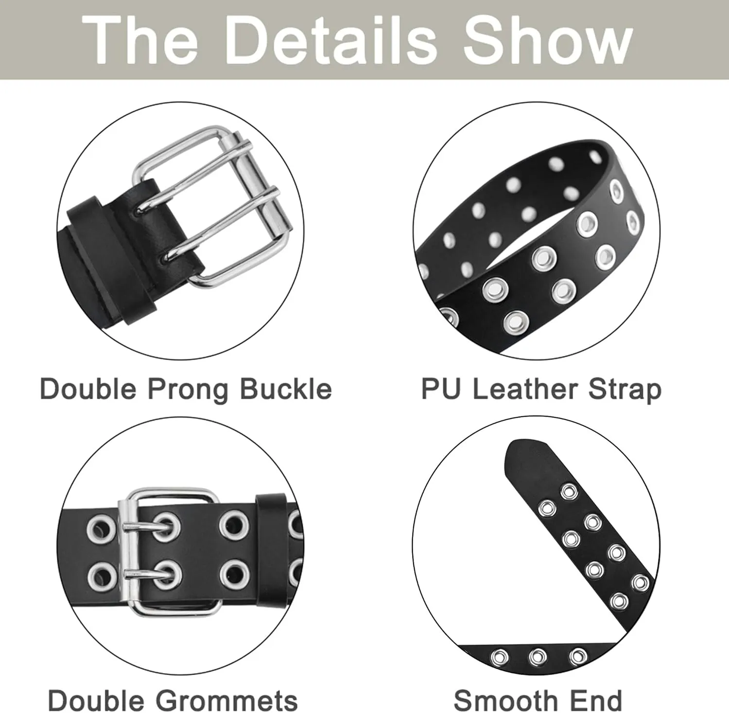 Grommet Leather Belts for Women, Black Belt Women Men with Double Holes