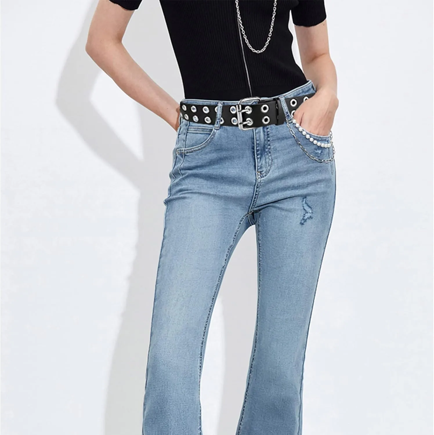 Grommet Leather Belts for Women, Black Belt Women Men with Double Holes