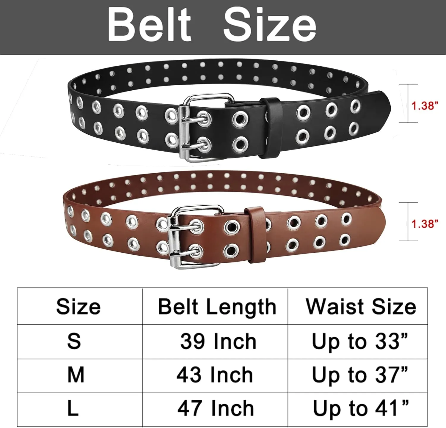 Grommet Leather Belts for Women, Black Belt Women Men with Double Holes