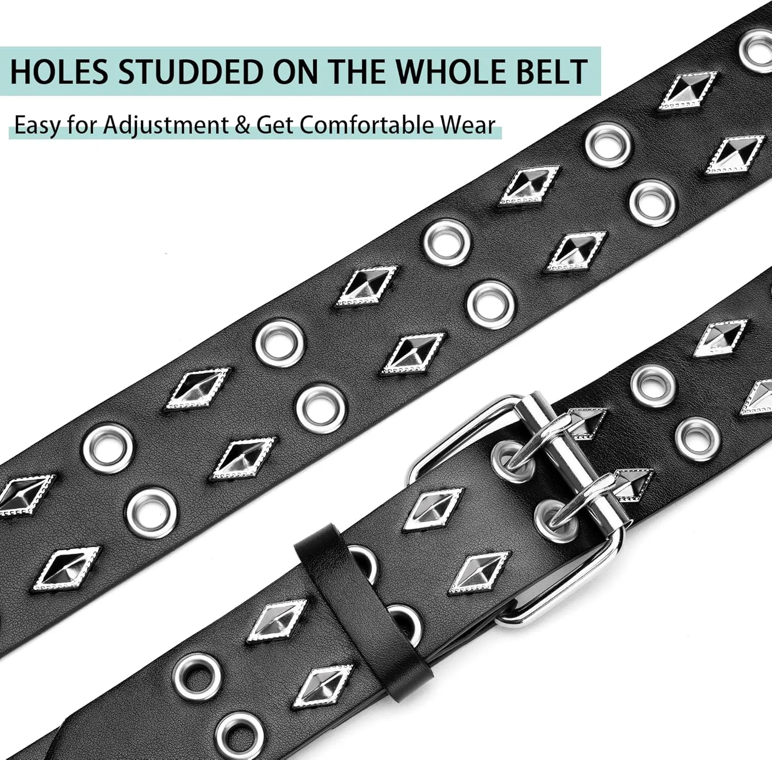 Grommet Leather Belts for Women, Black Belt Women Men with Double Holes