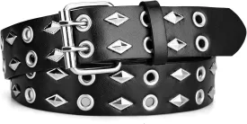 Grommet Leather Belts for Women, Black Belt Women Men with Double Holes