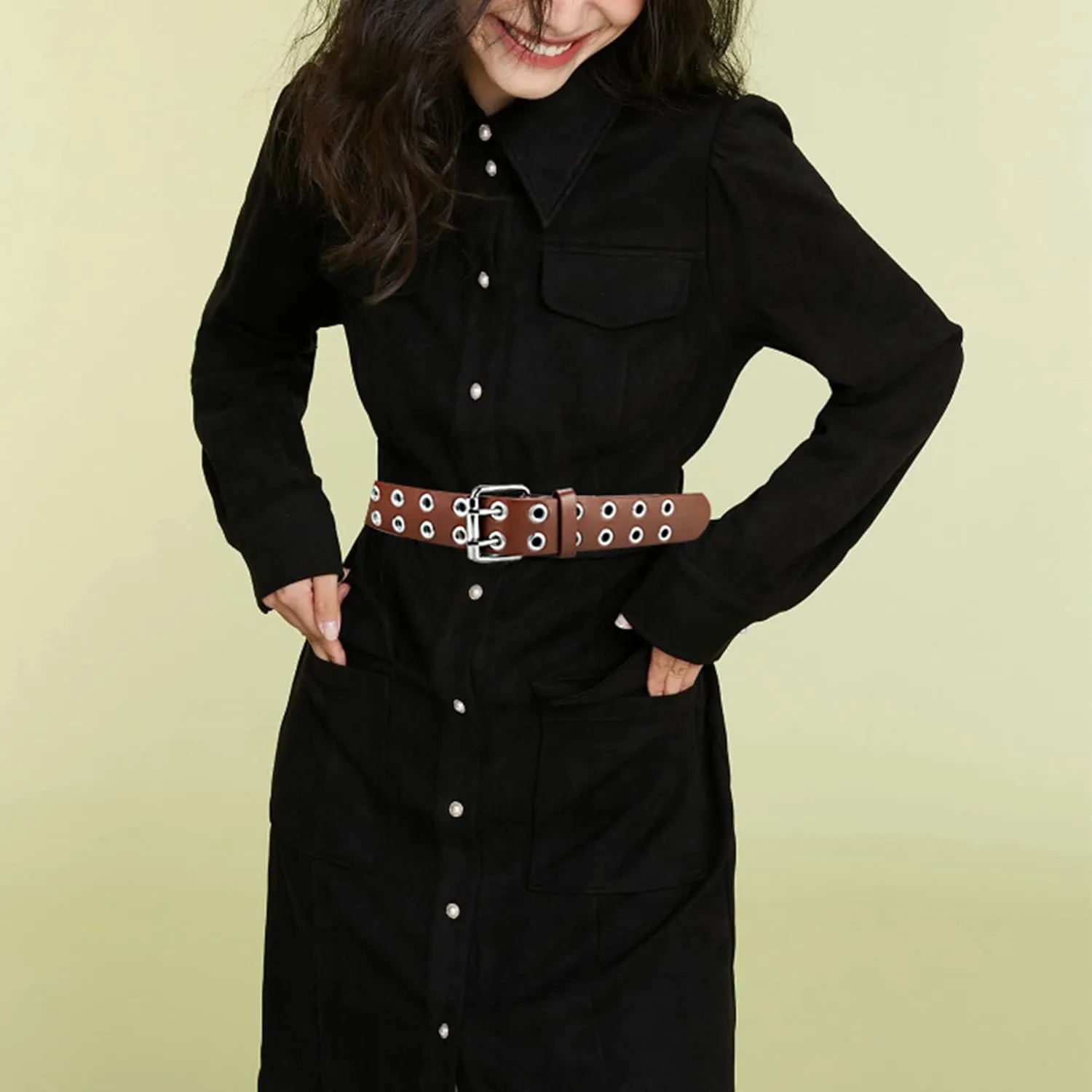 Grommet Leather Belts for Women, Black Belt Women Men with Double Holes