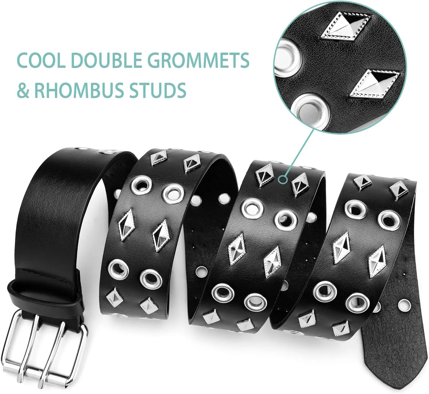 Grommet Leather Belts for Women, Black Belt Women Men with Double Holes