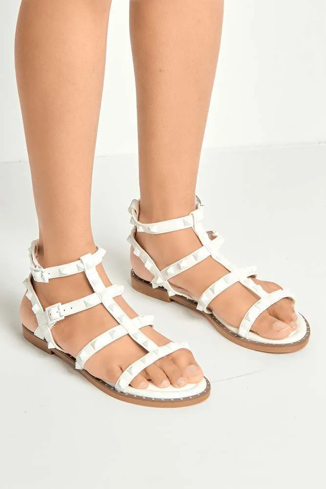 Hira Anklestrap Studded Gladiator Flat Sandals in White