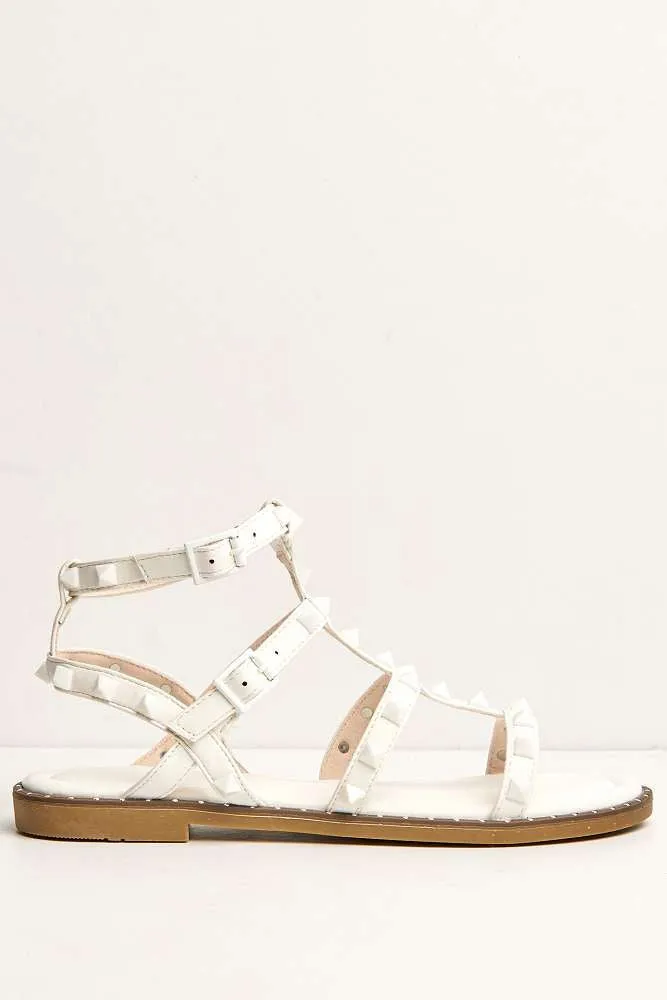 Hira Anklestrap Studded Gladiator Flat Sandals in White