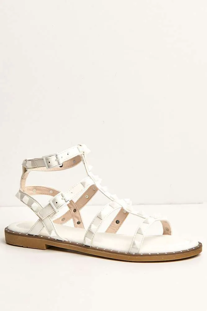 Hira Anklestrap Studded Gladiator Flat Sandals in White