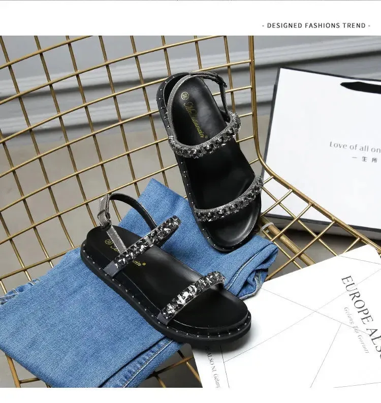 Hnzxzm Rhinestone Band Platform Sandals Women Thick Bottom Flat Summer Gladiator Sandalias Mujer Crystal Beads Sandalias Femininas 2024