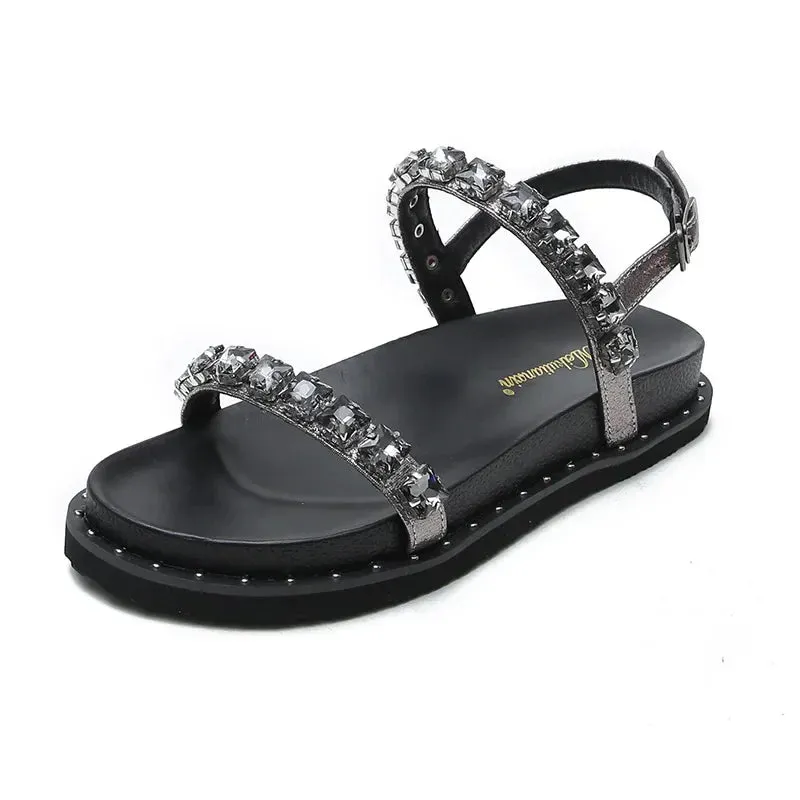 Hnzxzm Rhinestone Band Platform Sandals Women Thick Bottom Flat Summer Gladiator Sandalias Mujer Crystal Beads Sandalias Femininas 2024